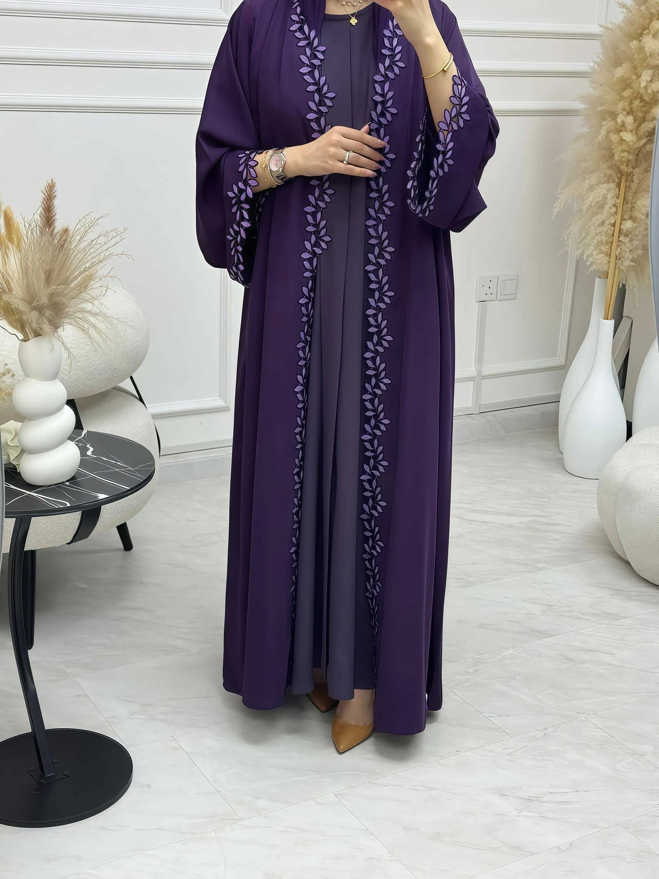 Elegant Beige Embroidered Abaya for Women – Dubai Style Modest Open Front Maxi Dress with Multicolour Detailing (All-Season)