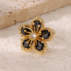 Luxury Gold-Plated Heart Ring with Colorful Zircon Stones – Adjustable Stainless Steel Cocktail Ring for Women
