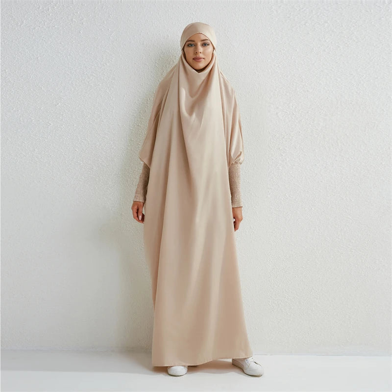 Elariah Hooded Modest Abaya Dress – Loose Fit One-Piece Jilbab with Smocked Sleeves (Black)