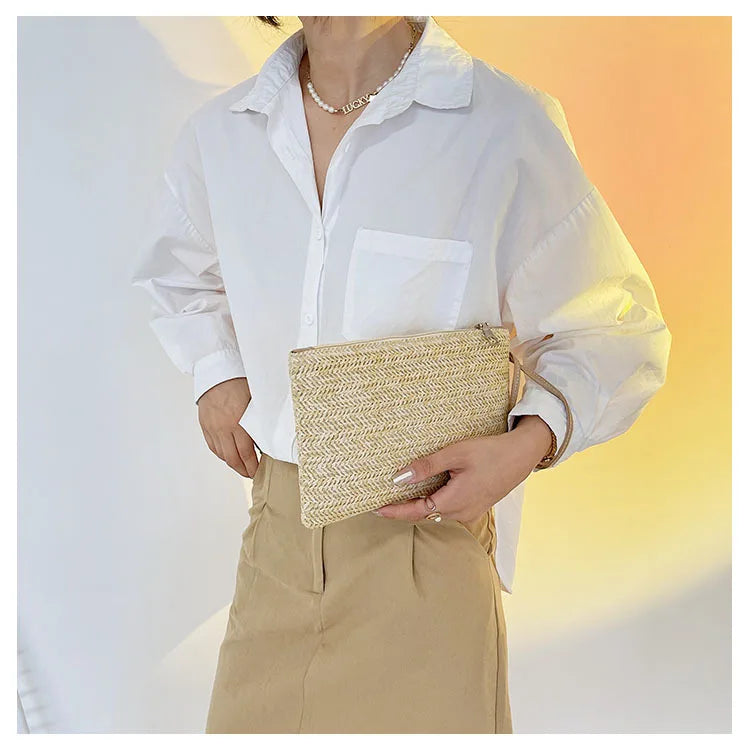 Elariah Woven Straw Wristlet Clutch Bag – Bohemian Summer Beach Handbag with Zipper (White, Khaki, Beige)