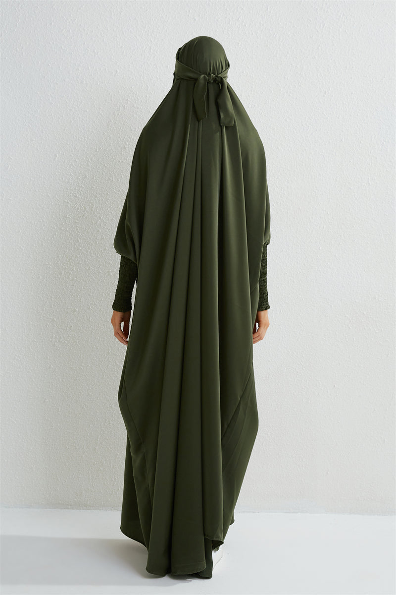 Elariah Hooded Modest Abaya Dress – Loose Fit One-Piece Jilbab with Smocked Sleeves (Black)