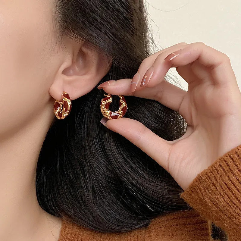 Vintage Enamel Small Hoop Earrings – Gold Plated Textured Statement Hoops for Women