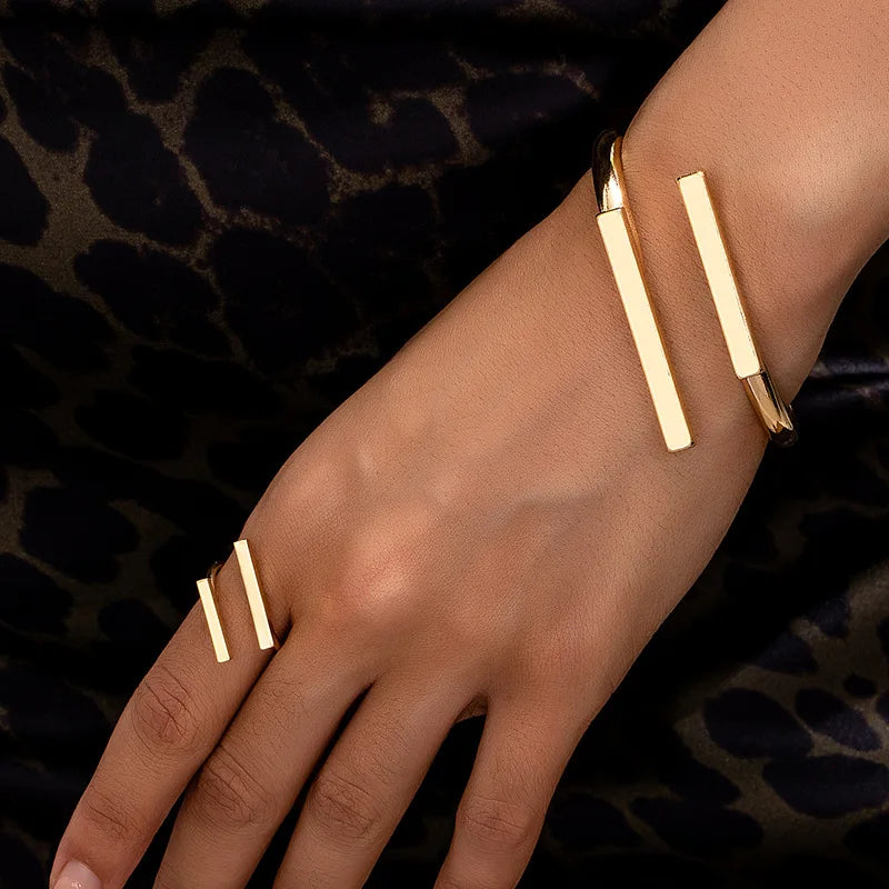 Geometric Open Bracelet & Ring Set for Women – Minimalist Stainless Steel Cuff Bangle and Adjustable Ring Jewelry Set