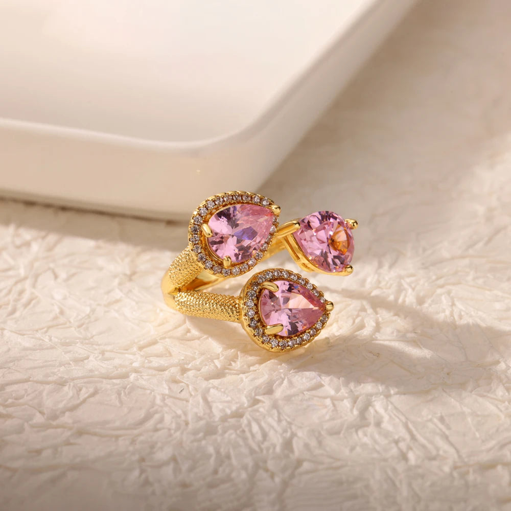Luxury Gold-Plated Heart Ring with Colorful Zircon Stones – Adjustable Stainless Steel Cocktail Ring for Women