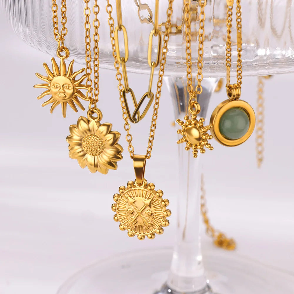 Sunflower Pendant Geometric Necklace – Stainless Steel Clavicle Chain for Women