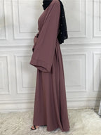 Elegant Modest Maxi Dress with Waist Tie – Long Sleeve Woven Abaya Style Dress for Women (All Season)