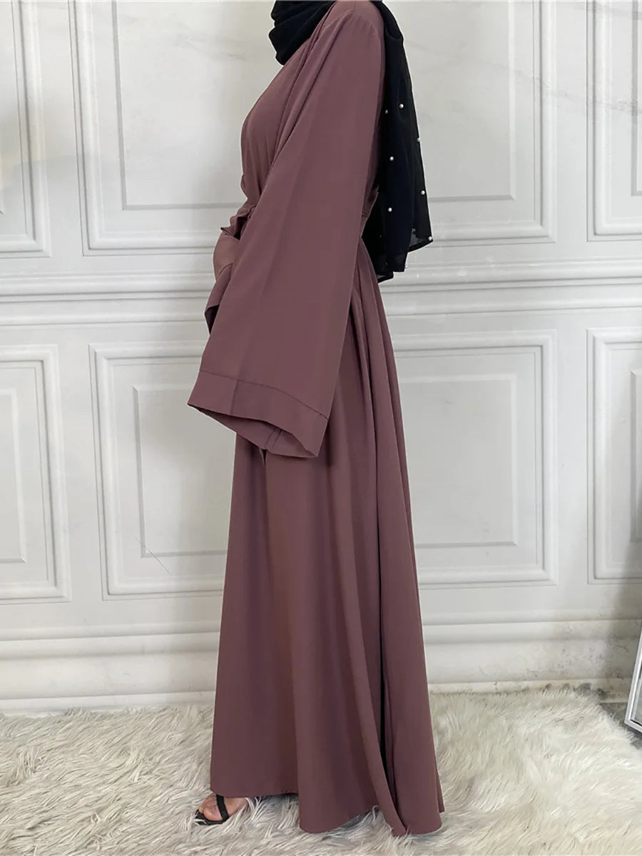 Elegant Modest Maxi Dress with Waist Tie – Long Sleeve Woven Abaya Style Dress for Women (All Season)