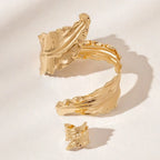 Vintage Gold Leaf Bracelet & Adjustable Ring Set for Women – Pleated Leaf Design, Elegant Gold Tone Jewelry Set