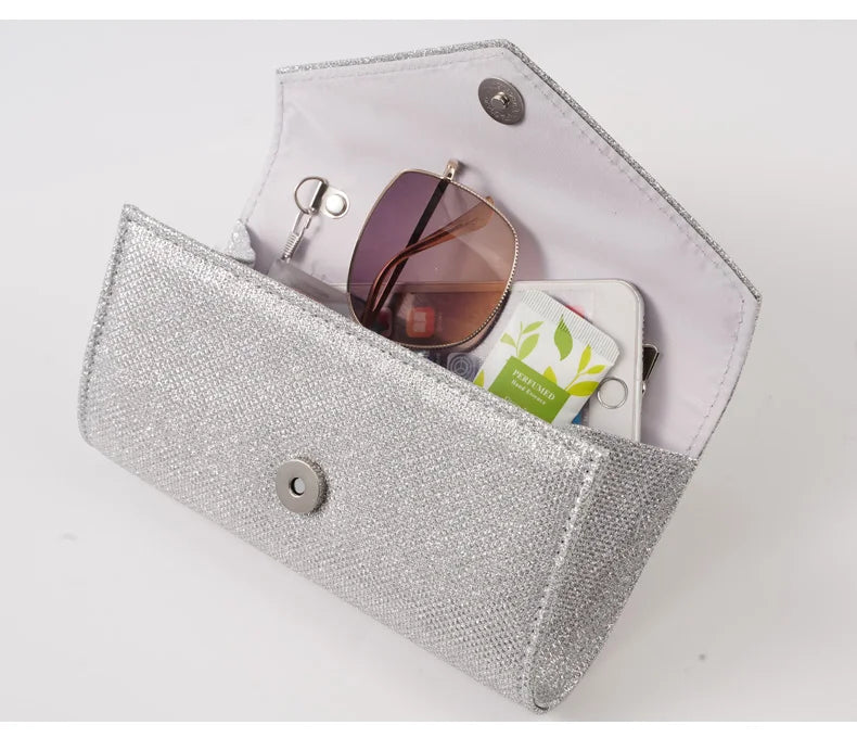 Elariah Shimmer Envelope Clutch Bag – Silver Glitter Evening Handbag with Chain Strap for Weddings & Party Wear