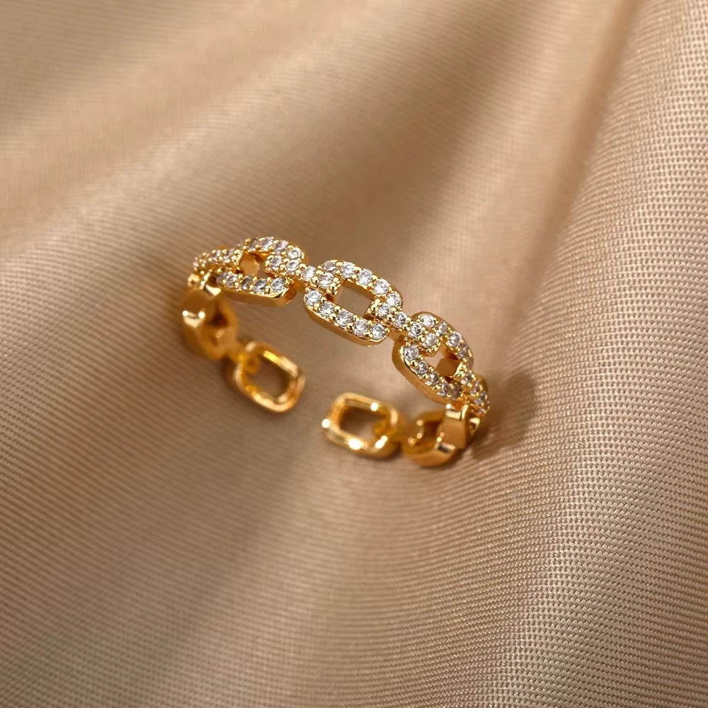 ELARIAH 18K Gold Plated Zircon Geometric Open Ring – Adjustable Stainless Steel Wedding & Party Band for Women