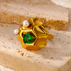 Luxury Gold-Plated Heart Ring with Colorful Zircon Stones – Adjustable Stainless Steel Cocktail Ring for Women
