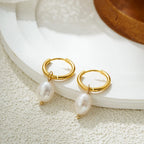2-Pair Set Vintage Pearl Dangle Hoop Earrings – 18K Gold Plated Stainless Steel Hoops for Women