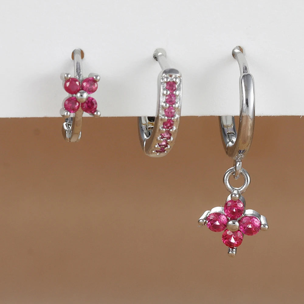 3-Piece Stainless Steel Flower Drop Earrings Set with Cubic Zirconia – Hypoallergenic Floral Dangle Earrings for Women