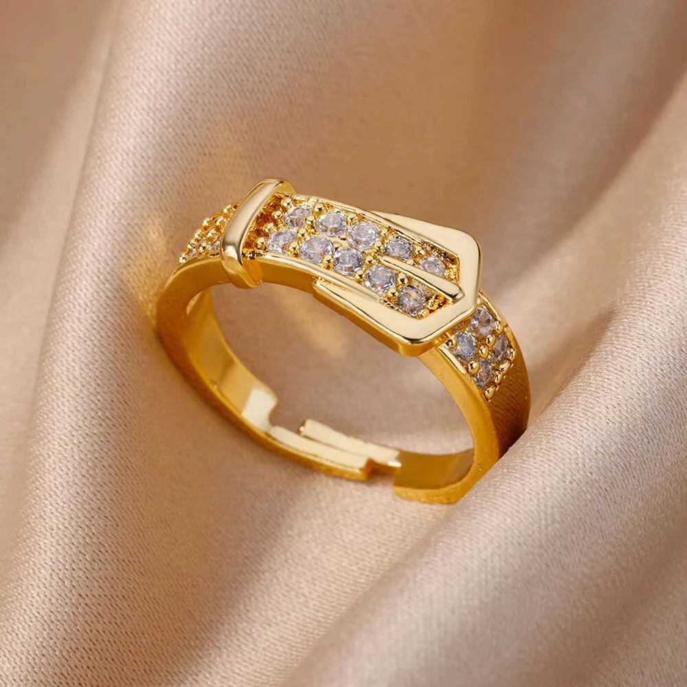 ELARIAH 18K Gold Plated Zircon Geometric Open Ring – Adjustable Stainless Steel Wedding & Party Band for Women