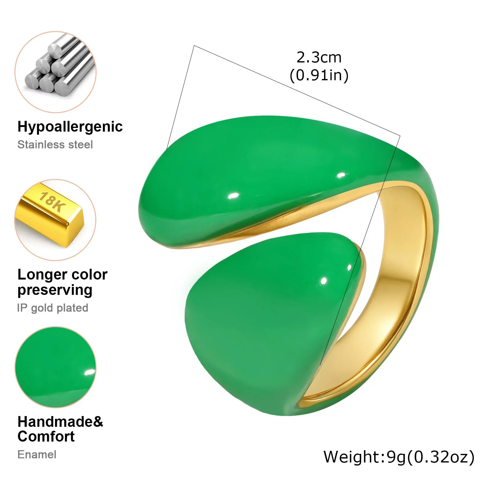 Chunky Enamel Twist Ring for Women – Gold Plated Stainless Steel Open Crossover Statement Ring, Waterproof Stackable Band (Blue/Green/Pink)