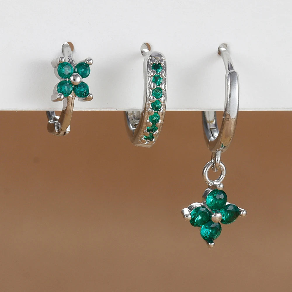 3-Piece Stainless Steel Flower Drop Earrings Set with Cubic Zirconia – Hypoallergenic Floral Dangle Earrings for Women