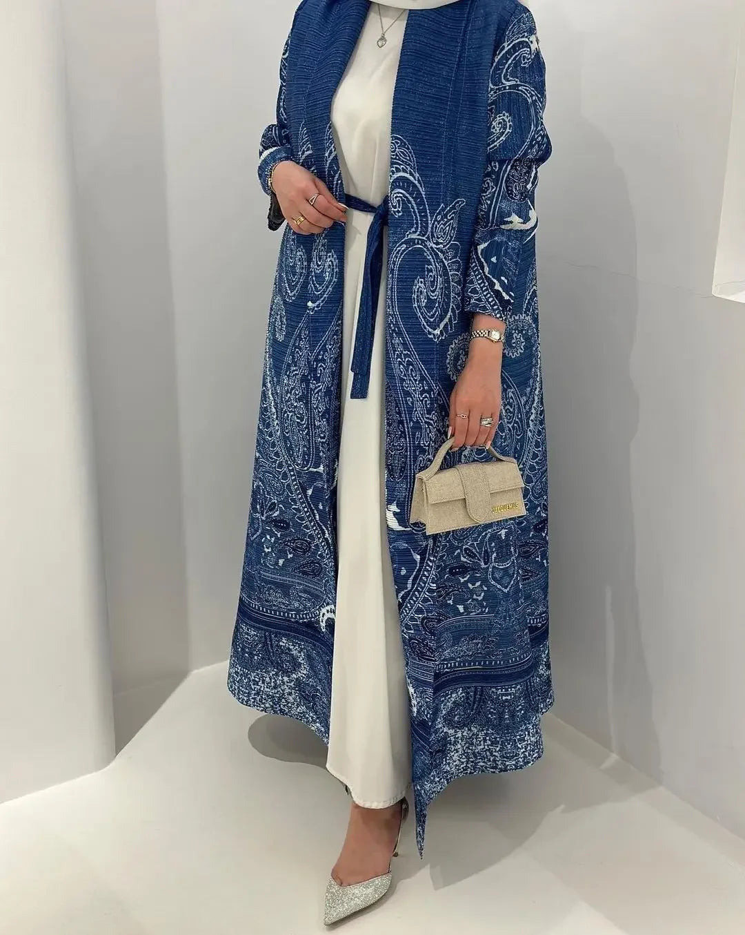 Elariah Retro Printed Pleated Abaya Coat – Belted Chiffon Maxi Modest Windbreaker Jacket for Women (One Size)