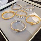 Gold Plated Zircon Round Open Cuff Bracelet for Women – Statement Rhinestone Bangle, Adjustable Party & Wedding Jewelry